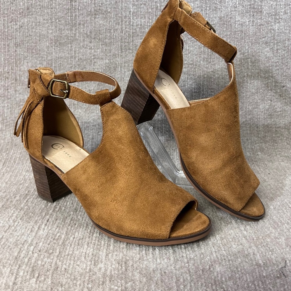 Est 1946 Women's Brown Faux Suede Peep Toe Ankle Strap‎ Heeled Sandals Size 10